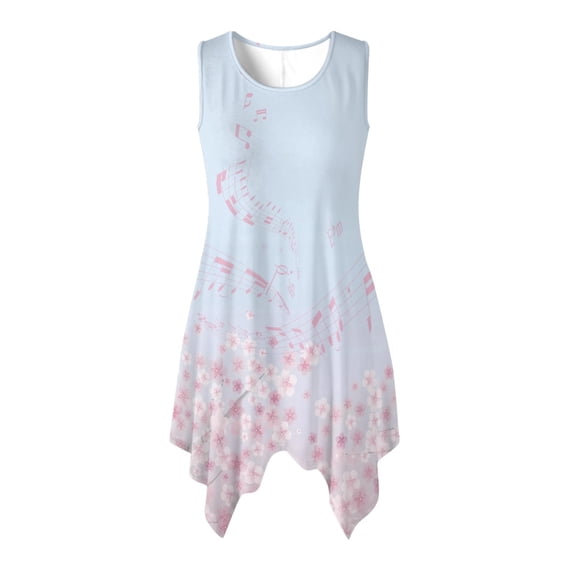 HELLHERO Music Flowers Sleeveless Sundress for Outdoor Holiday Trips, Round Neck Side Pockets Sleeveless Dress