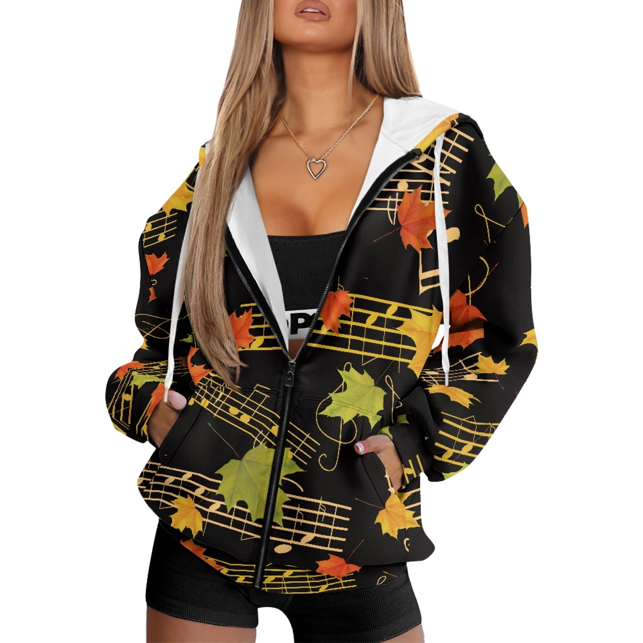 Polyester Notes HELLHERO Music Note Maple Leaf Print Active Hoodie with Pockets with ...