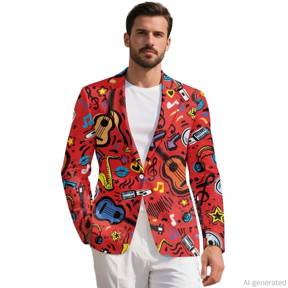 HELLHERO Musical Instrument Pattern Lightweight Men's Suit Jacket, Solid Polyester Blazer for Summer Office