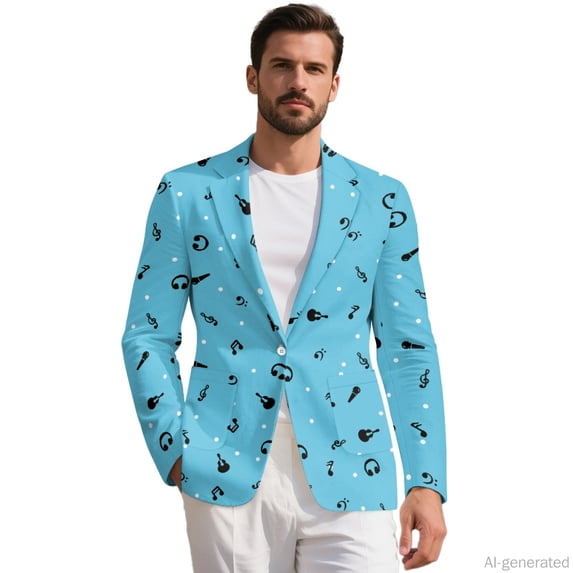 HELLHERO Musical Note Pattern Polyester Mens Suit with One Button, Single Breasted Lightweight Men's Suit for Summer