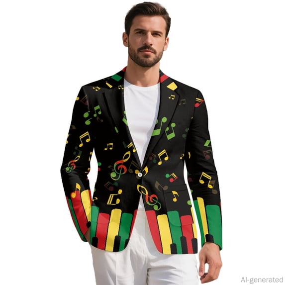 HELLHERO Musical Notes & Piano Keys Print Single Breasted Mens Casual Blazer, Single Button Polyester Mens Blazer Suit Jacket for Summer Business