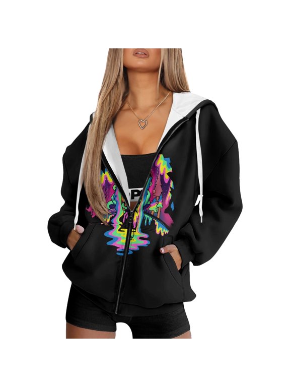Neon Dripping Forest Print Drawstring Hood Womens Zip up Hoodies, Polyester Fabric Zip up Hoodie Womens with Zipper with Pockets Hooded Coat for Fall Winter