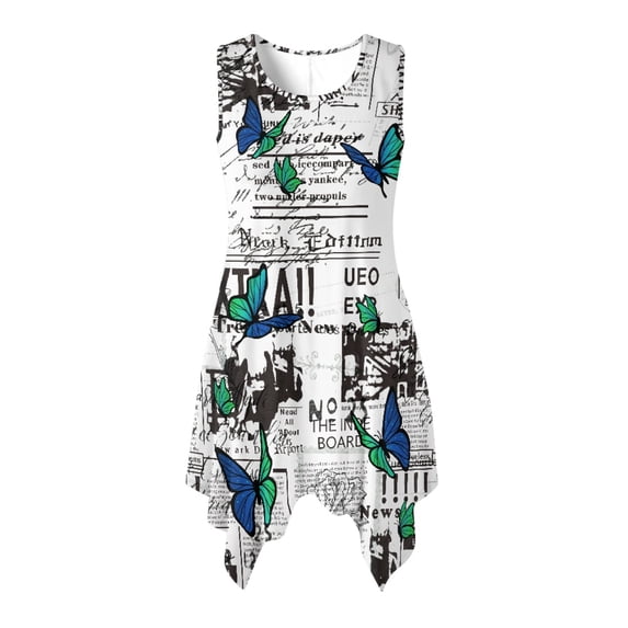 HELLHERO Newspaper Casual Midi Dress, Side Pockets Sleeveless Sundress Non-Fade Asymmetric Summer Sleeveless Dress