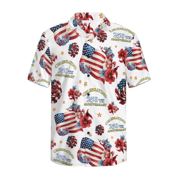 HELLHERO Non Elastic Men's Short Sleeve Button Shirt for Vacation Home, Patriotic Floral Print Breathable Soft Men's Casual Shirt Comfortable