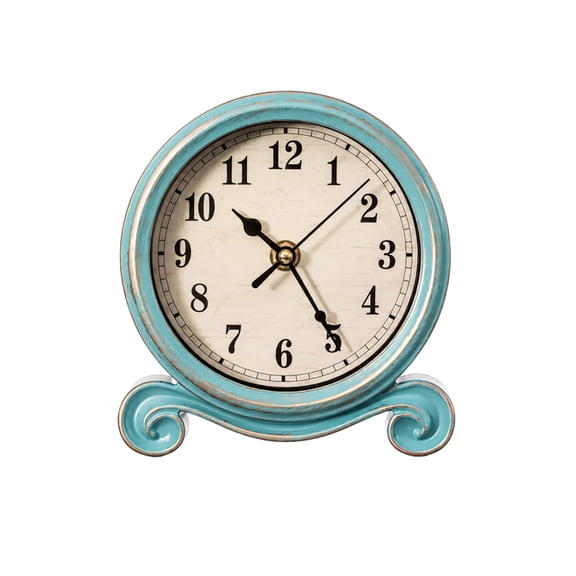 Clockswise Vintage Round Tabletop Clock with Distressed Blue Frame, Ornate Scroll Base & Antique-Inspired Design for Mantel, Counter and Shelf Display in Living Rooms, Bedrooms, and Offices
