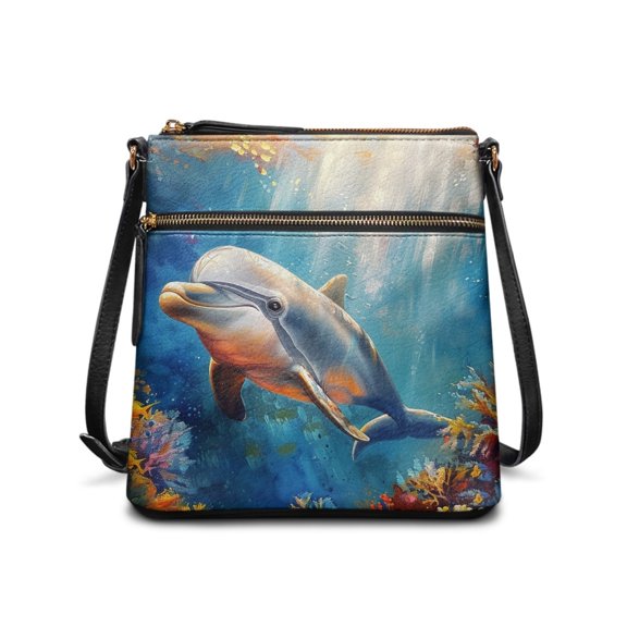 HELLHERO Ocean Dolphin Theme Crossbody Purse, Lightweight Shoulder Bag PU Leather Roomy Interior Space Handbag for Weekend Getaways Daily Use