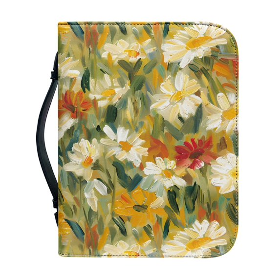 HELLHERO Oil Painted Floral PU Leather Bible Cover, Large Capacity Zippered Carrying Case for Church Prayer and Daily Study