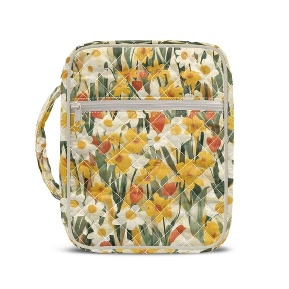 HELLHERO Oil Painting Style Daffodil Floral Print Quilted Bible Cover for Estudio, Polyester Bible Cover Case with Durable Handle Zippered Pocket Bibles Carrying Case