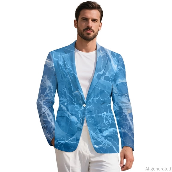 HELLHERO One Button Men's Casual One Button Suit Blazer Jacket, Blue Marble Pattern Polyester Midweight Mens Casual Blazer Jacket for Business Prom