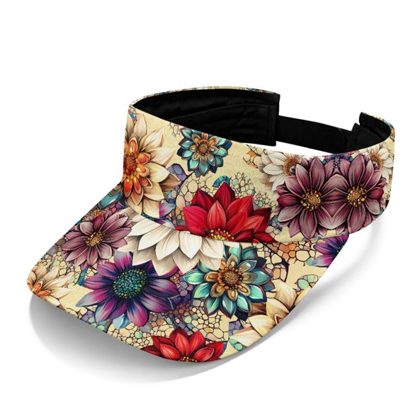 HELLHERO Open Top Polyester Fabric Empty Top Visor for Hiking Golf, Adjustable Strap Breathable UV Protection Sun Visor Cap, Flowers Theme