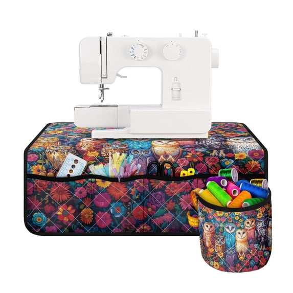 HELLHERO Owl Garden Sewing Machine Mat with Storage Cylinder Storage Pockets Fabric Polyester Easy to Clean for Wife Mom Family Present Sewing Classes