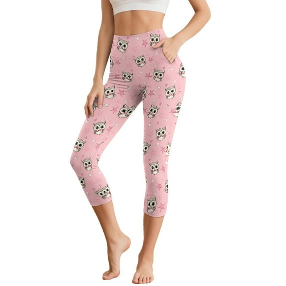 HELLHERO Owl Star Printed Capri Leggings for Women Breathable Yoga Leggings High Waisted Yoga Pants Athletic Yoga Capris with Pockets, L