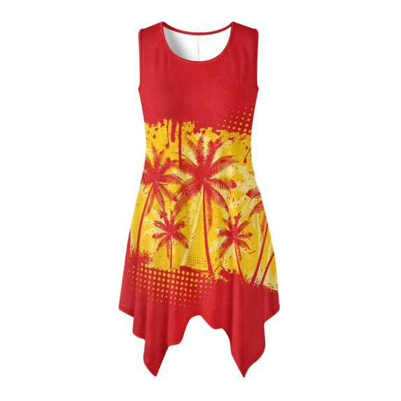 HELLHERO Palm Sunset Pleated Sundress, Crew Neck Summer Sleeveless Dress Side Pockets Asymmetric Asymmetric Beach Skirt