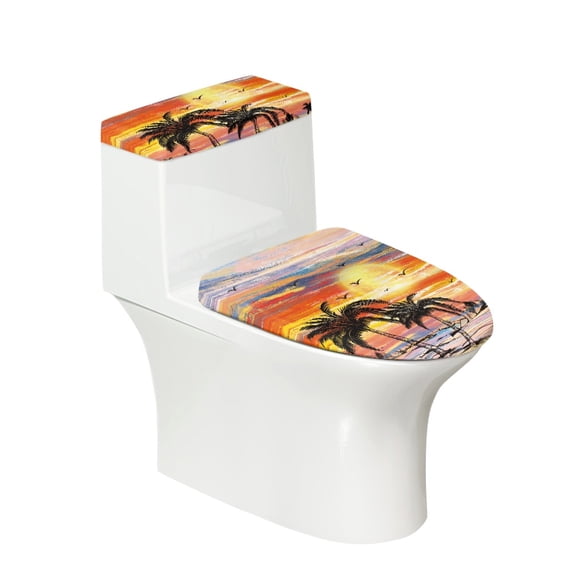 HELLHERO Palm Tree Elastic Bottom Adjustable Universal Elastic Fabric Toilet Lid Cover Set Bathroom Dust-Proof Washable and Reusable U-Shaped