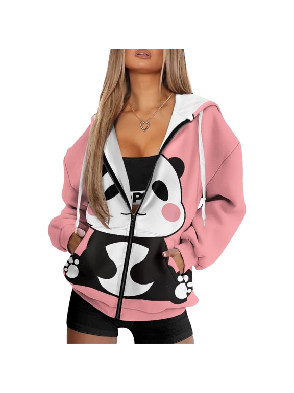 Panda Pattern Active Hoodie with Pockets with Practical Front Pockets Polyester Fabric Womens Zip Up Hoodies for Fall Outdoor Trips