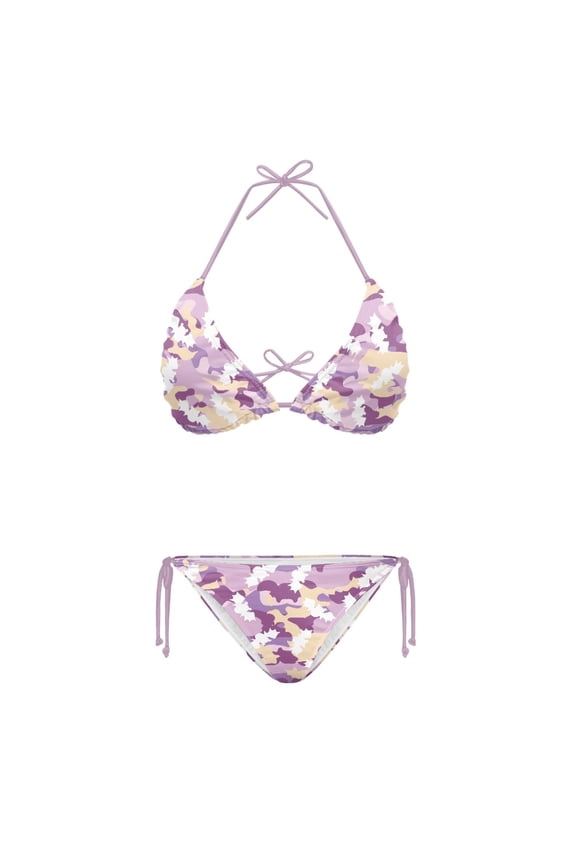 Pastel Camouflage Pattern Two Piece Bikini Set Sexy Backless Swimwear Quick Dry Adjustable Halter Tie Side Design Perfect for Beach