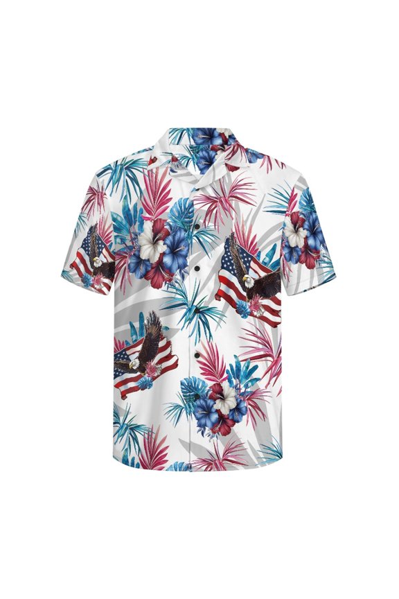 Patriotic Eagle & Tropical Floral Pattern Button Men's Short Sleeve Shirt, Men's Short Sleeve Button Top Shirt for Travel Social Occasions Beach