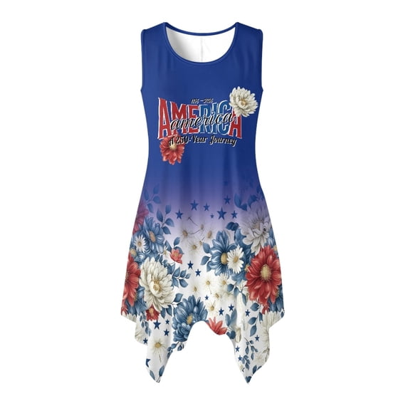 HELLHERO Patriotic Floral Stars Asymmetric Dresses for Dating Vacation, Side Pockets Irregular Hem Sleeveless Sundress