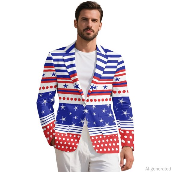 HELLHERO Patriotic Stars Stripes Polyester Slim Fit One Button Suit Jacket with Solid, Pockets Lightweight Mens Suit for Casual