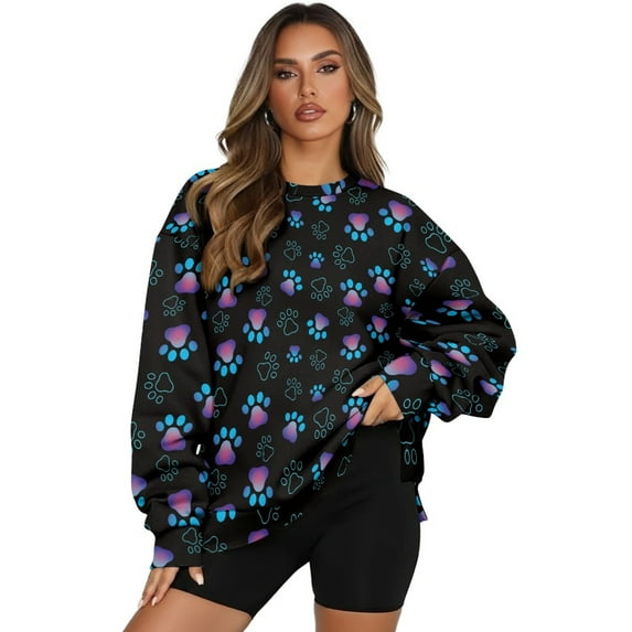 HELLHERO Paw Print Women Pullover Top Trendy Soft Loose Crew Neck Sweatshirt Fall Winter Long Sleeve Sweatshirt 2025 Size XXXL