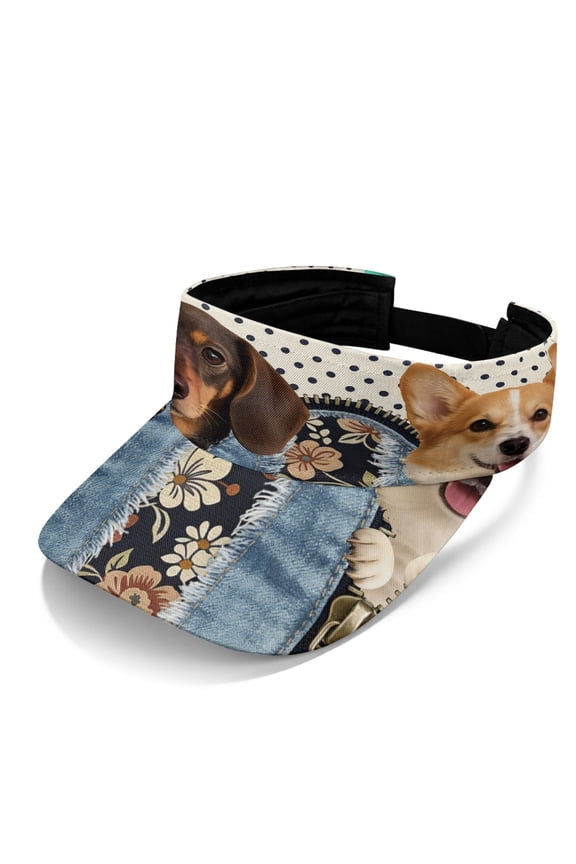 Peeking Dogs Denim Pattern Adjustable Sun Visor Cap, Polyester Fabric UV Protection Sports Sun Visor Hat Breathable Sports Visor Hat for Women