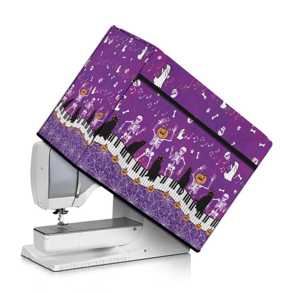 HELLHERO Piano Keys Black Cats Pattern Sewing Machine Cover Polyester Material Storage Pocket Lightweight Sewing Machine