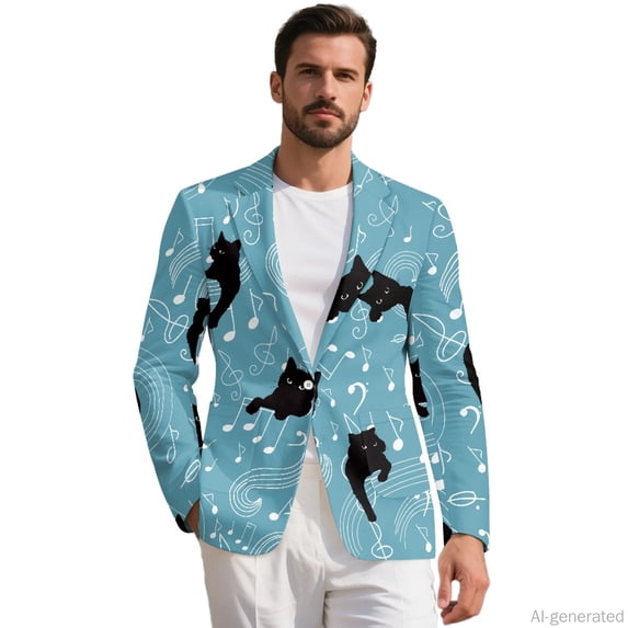 HELLHERO Piano Music Pattern Polyester One Button Suit Jackets with Regular Fit, Lightweight Solid Color Blazer for Business