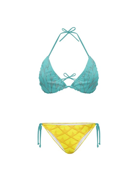 Pineapple Pattern Two Piece Bikini Set Sexy Backless Swimwear for Women Quick Dry Adjustable Halter Drawstring Beach Pool Vacation