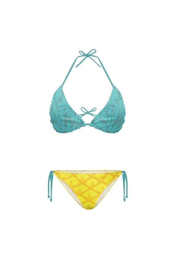 Pineapple Pattern Two Piece Bikini Set Sexy Backless Swimwear for Women Quick Dry Adjustable Halter Drawstring Beach Pool Vacation