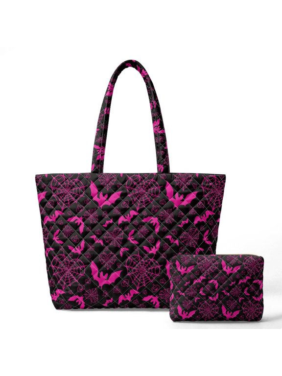 Pink Bat & Spider Web Quilted Shoulder Bags, Polyester Purses and Handbags Set Casual Portable Women's Quilted Bag for Leisure Time