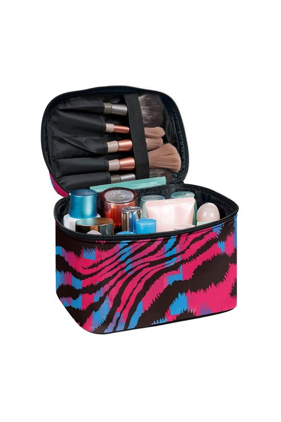 Pink Blue Tiger Stripes Polyester Travel Cosmetic Organizer Bag Zipper Storage Bag Makeup Bag Organizer Travel Carrying