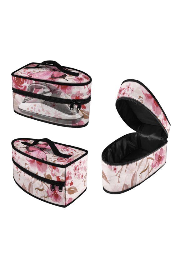 Pink Butterfly and Floral Pattern Travel Iron Storage Bag Polyester Smooth Zipper Easy Storage Cleaning Fits Traveling Outing, Case Only