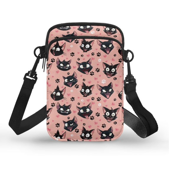 HELLHERO Pink Cat Faces Double-layer Crossbody Sling Bags 4.33"x1.97"x7.09" for Adults Polyester