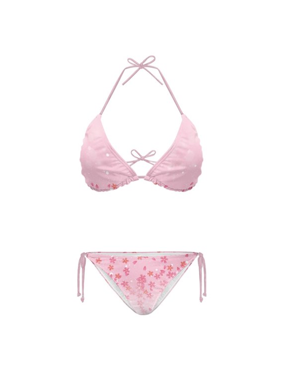 Pink Cherry Blossom Print Ladies Bikini Swimsuit Set Long-Lasting Two Piece Swimwear Halter Tie Side Bathing Suit for Beach