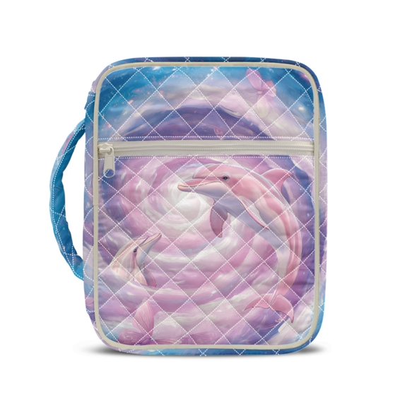 HELLHERO Pink Dolphin Pattern Quilted Bible Cover, Portable Zippered Pocket Bible Cover Case Polyester Fabric Bible Bag Organizer for Spiritual Estudio