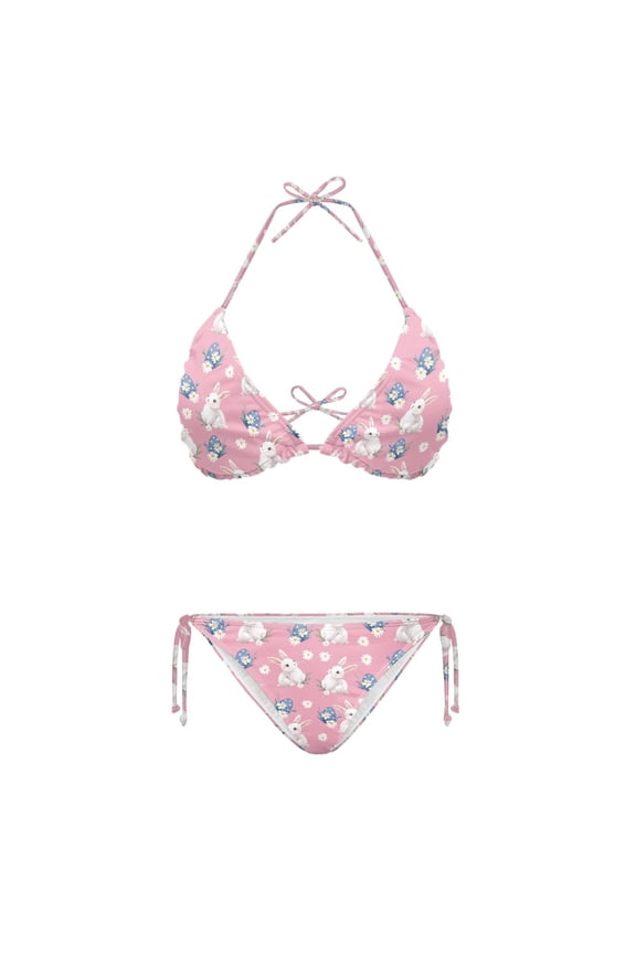 Pink Easter Bunny Pattern Two Piece Bikini Set Plus Size Quick Drying Halter String Swimwear Ladies Summer Bathing Suit Swimsuit