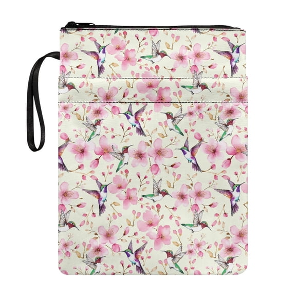 HELLHERO Pink Floral Bird 1 pc Classic Book Cover 11.42 x 8.66 Inch Polyester Tote Bags Protector Wrap Bag with Handle Birthday Gift for Friend