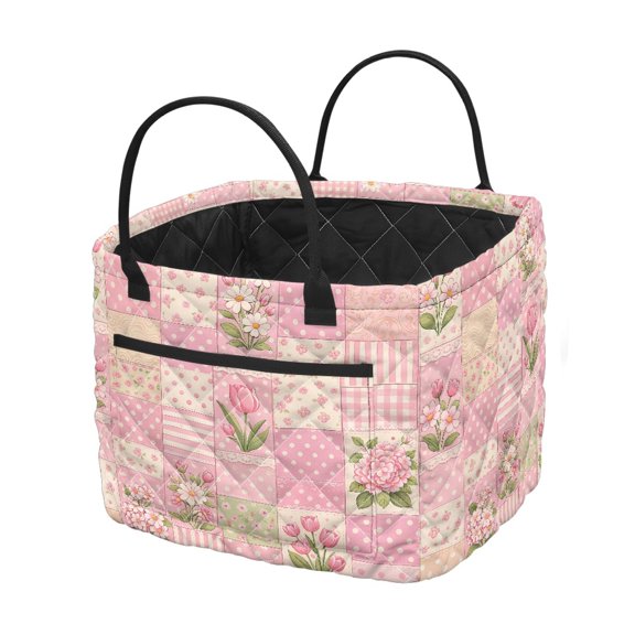 HELLHERO Pink Floral Patchwork Print Large Capacity Quilted Storage Basket for Toys, Polyester Large Capacity Baskets Organizer Bin for Nursery Bathroom