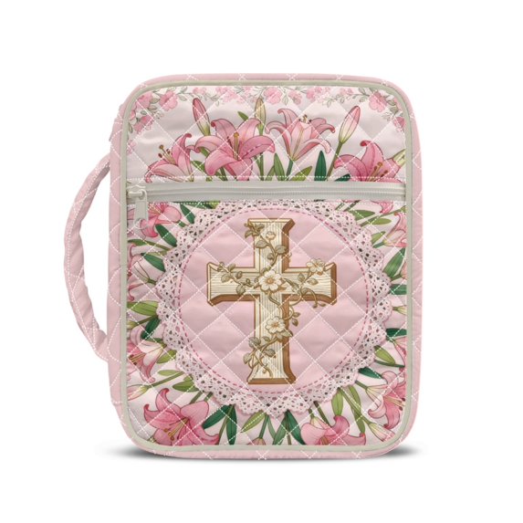 HELLHERO Pink Lily Floral Print Quilted Bible Cover, Pockets Casual Bible Organizer Bag Polyester Fabric Bible Cover Case for Scripture Study Spiritual