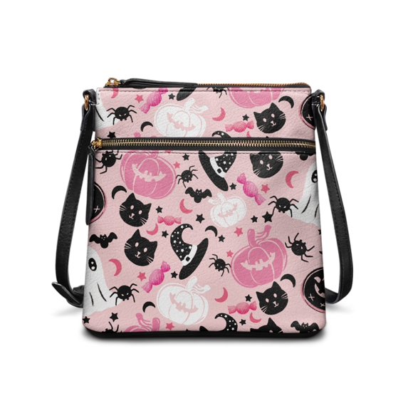 HELLHERO Pink-Themed Halloween Crossbody Purse, Waterproof Sling Bag Smooth Zipper Adjustable Strap Purse Satchel for Outdoor Activities Shopping