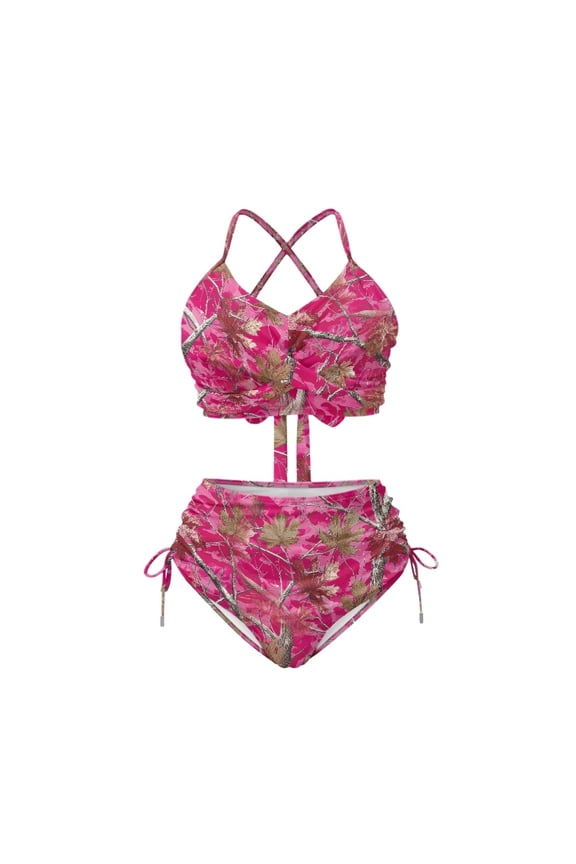 Pink Tree Leaf Camo High Waisted Bikini Set Halter Neck 2 Piece Swimsuit with Drawstring Sides Trendy Beachwear for Women Vacation