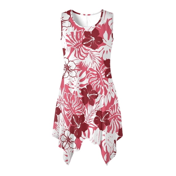 HELLHERO Pink Tropical Hibiscus Print Casual Midi Dress, Breathable Ladies Irregular Hem Casual Dress Irregular Hem Design Side Pockets Summer Sleeveless Dress