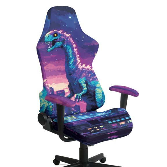 HELLHERO Pixel Dinosaur Cityscape 4 Pcs Gaming Chair Covers with Armrest Cover for Gamer, Spandex Computer Chair Cover Stretch Stretchable Armrest Covers for Office