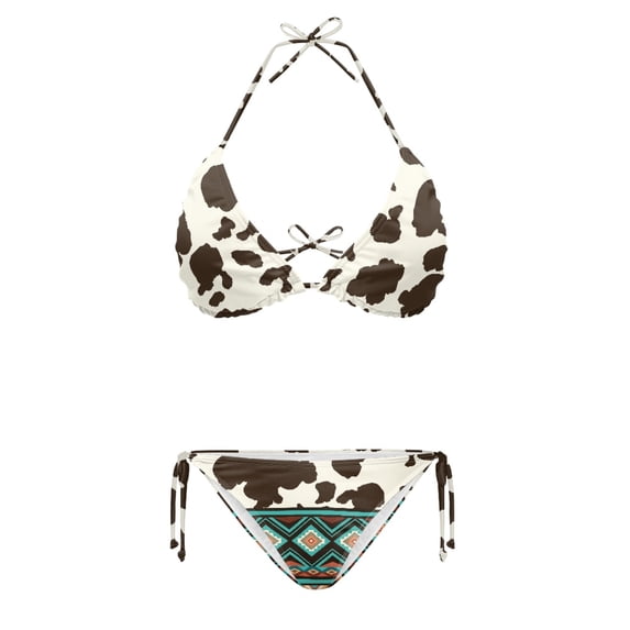 HELLHERO Plus Size Cow Print & Aztec Tribal Ladies Two Piece Bikini Set Quick Drying Swimwear Bathing Suit for Women Summer Beach Swimming