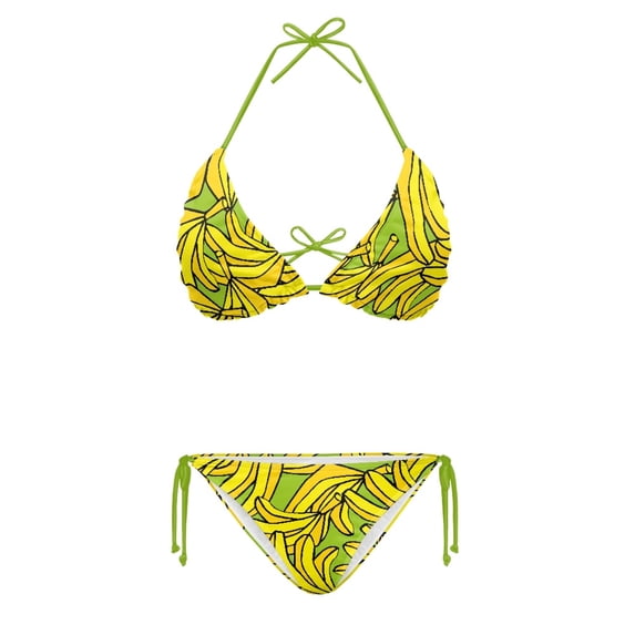 HELLHERO Plus Size Ladies Banana Print Two Piece Bikini Set Quick Drying Halter Tie Side Swimwear Tropical Bathing Suit Summer Beach Swimsuit