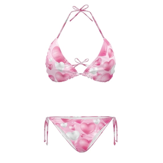 HELLHERO Plus Size Ladies Pink Heart Design Two Piece Bikini Set Quick Drying Swimwear Women's Halter Tie Side Bathing Suit for Beach
