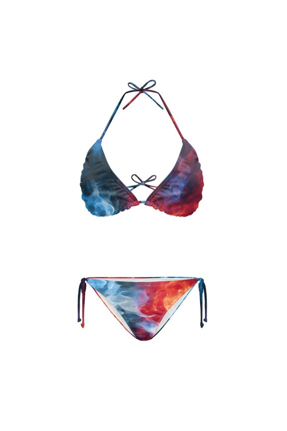 Plus Size Ladies Two Piece Bikini Set Fire Ice Smoke Print Quick Drying Halter Bathing Suit Adjustable Side Tie Swimwear for Women