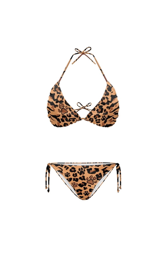 Plus Size Leopard Paw Print Quick Drying Two Piece Ladies Bikini Set Adjustable Halter Bathing Suit Swimwear for Women