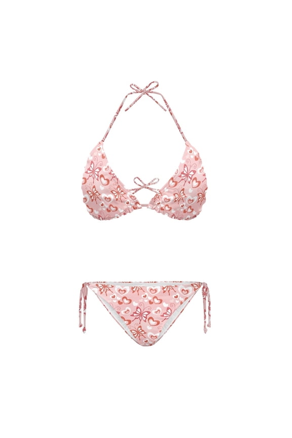 Plus Size Quick Drying Butterfly Heart Print 2 Piece Bikini Set Adjustable Halter String Two Piece Swimsuit Women's Swimwear Bathing Suit
