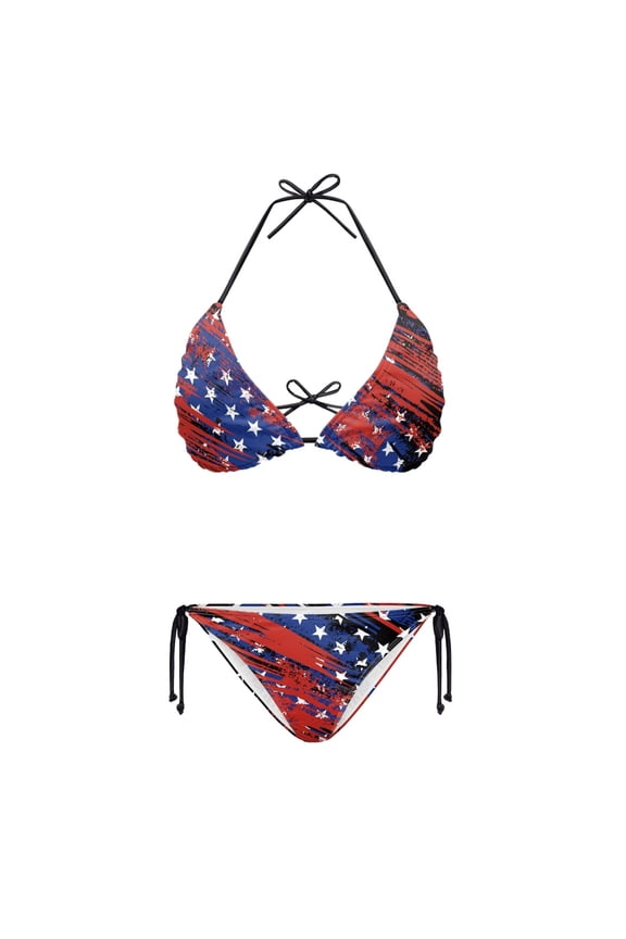 Plus Size Quick Drying Ladies American Flag Print Two Piece Bikini Swimsuit Set Halter String Tie Side Bathing Suit Women's Swimwear
